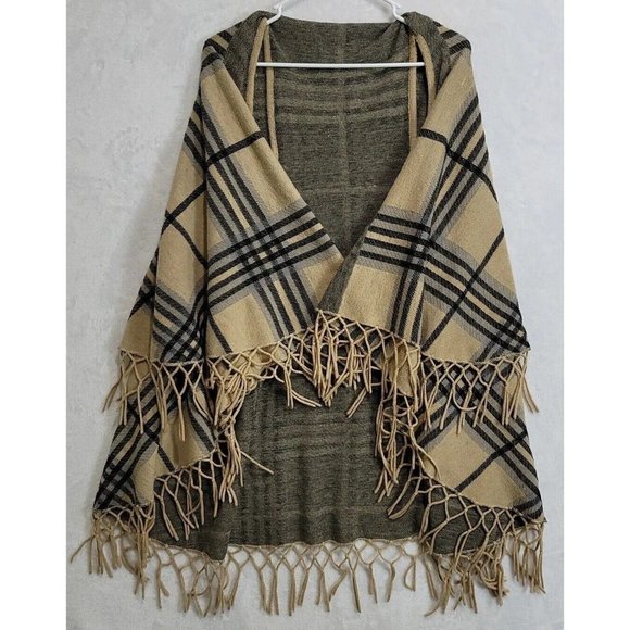 Coco Carmen Sweater Vest Wrap Cardigan Tan Gray Tartan Plaid Fringed One Size - Picture 1 of 14